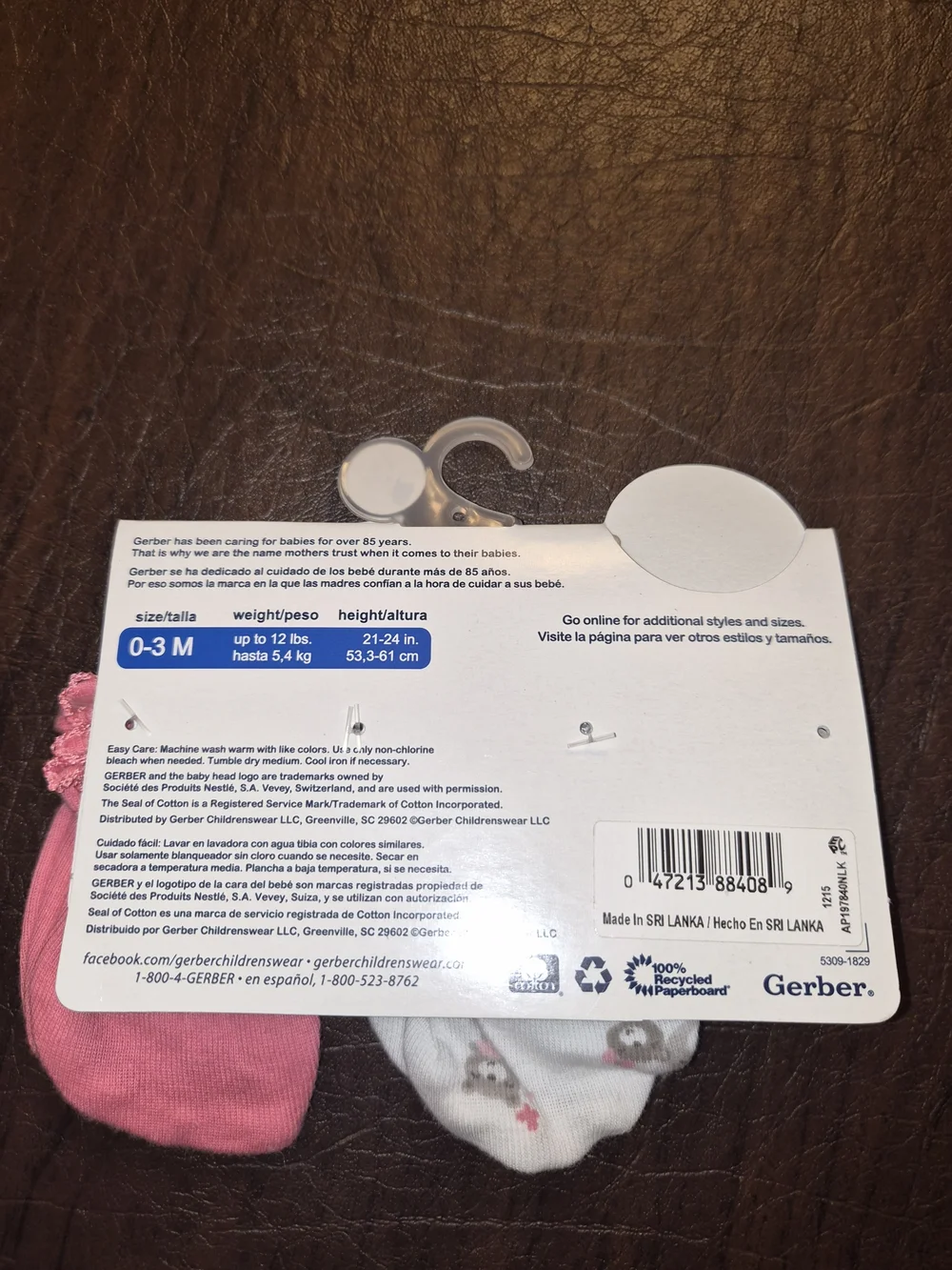 Gerber Baby Mittens 2-Pack - Pink & White Bear Print 0-3 Months
